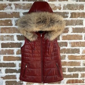 Overland Maria Lambskin Leather Vest Size XS Quilted Red Hooded Racoon Fur Trim